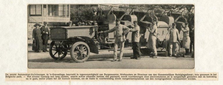 Eerste automobiel-vuilniswagen in Den Haag, in het Belgisch Park - 1912 - Coll HGA